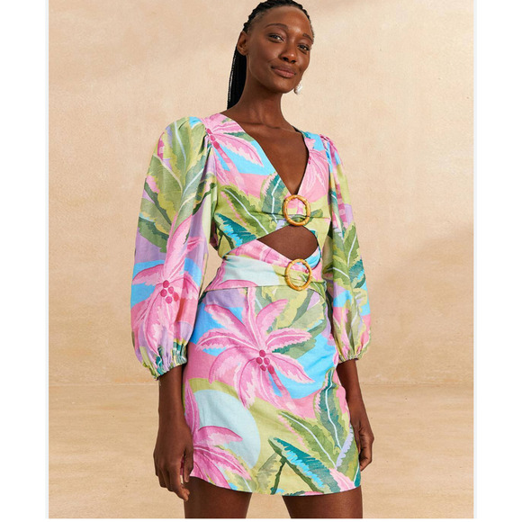 FARM RIO BEACH VIBE CUTOUT LINEN-BLEND MINI VACATION DRESS Small - Picture 1 of 11